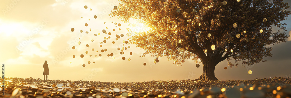 Poster a towering tree with coins reflecting sunlight, while a person gazes at it in admiration, representi