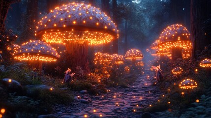 Naklejka premium Luminous mushrooms illuminate enchanted forest path.