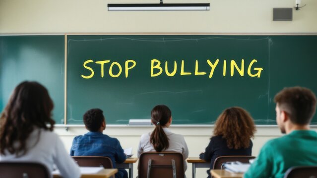 Classroom scene with students looking at a chalkboard that reads "Stop Bullying," symbolizing awareness, education, and anti-bullying initiatives.