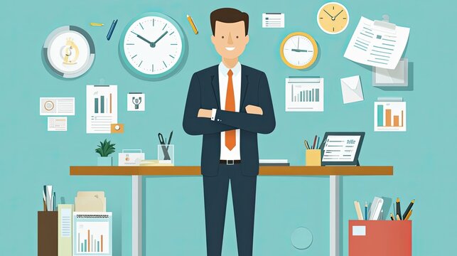 Confident businessman standing at his organized desk, surrounded by work-related items and clocks, symbolizing time management and efficiency.
