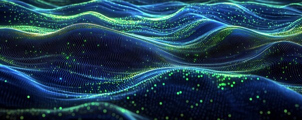 Abstract blue and green particle wave background.