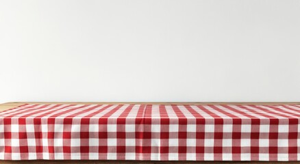 Red checkered tablecloth on wooden table against white wall.