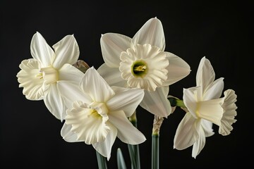 Fototapeta premium Close up of delicate white narcissus flowers, showcasing their intricate beauty against a dark backdrop