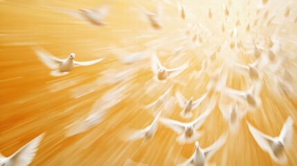 Obraz premium Flock of Glowing White Doves Flying into a Golden Horizon Under Bright Light