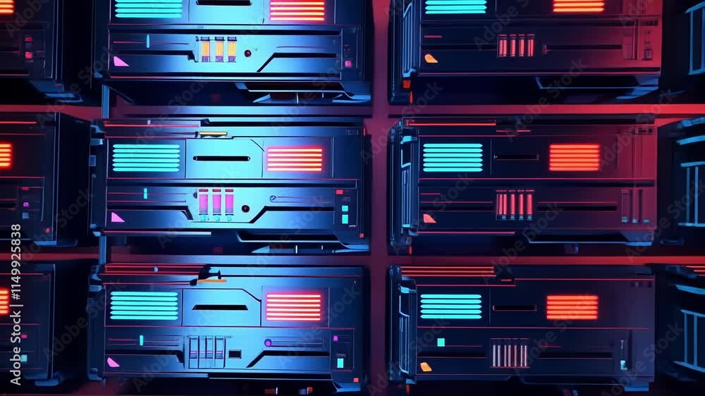 Poster server racks illuminated by vibrant neon lights, managing and processing vast amounts of big data in