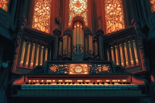 Antique Pipe Organ with Illuminated Stained Glass Windows in Historic Cathedral Setting Depicting Architectural Elegance and Cultural Heritage