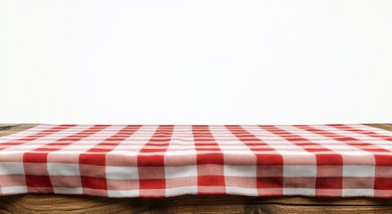 Red checkered tablecloth on wooden table against white background.