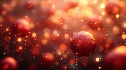 Festive red bokeh background with glittering spheres and sparkles.