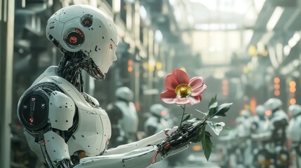 Fototapeta premium A sleek, futuristic robot holds a bright flower while surrounded by industrial machinery, symbolizing the juxtaposition of technology and nature. The image speaks to the potential harmony between
