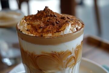 Creamy coffee beverage topped with whipped cream, chocolate sprinkles, and coffee powder, served in a clear glass