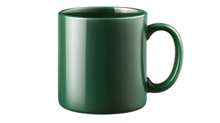 Elegant green ceramic coffee mug with a smooth finish and sturdy handle, ideal for serving beverages. Isolated on transparent background