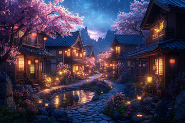 Enchanted Japanese Village at Night: Cherry Blossoms and Lanterns Illuminate Peaceful Street
