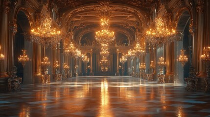 Obraz premium Grand hall, gold, chandeliers, opulent, palace.