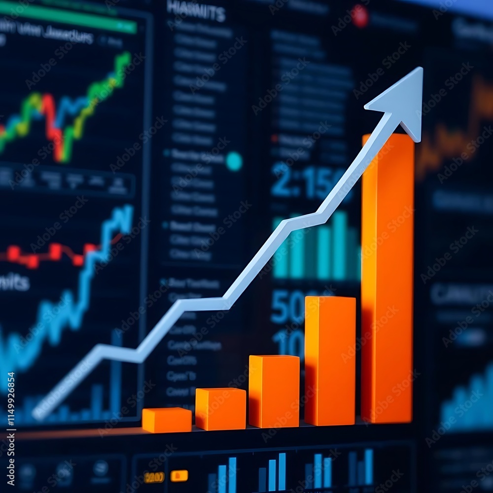 Poster a large red arrow points downwards over a gridded financial chart showing a sharp decline in value, 