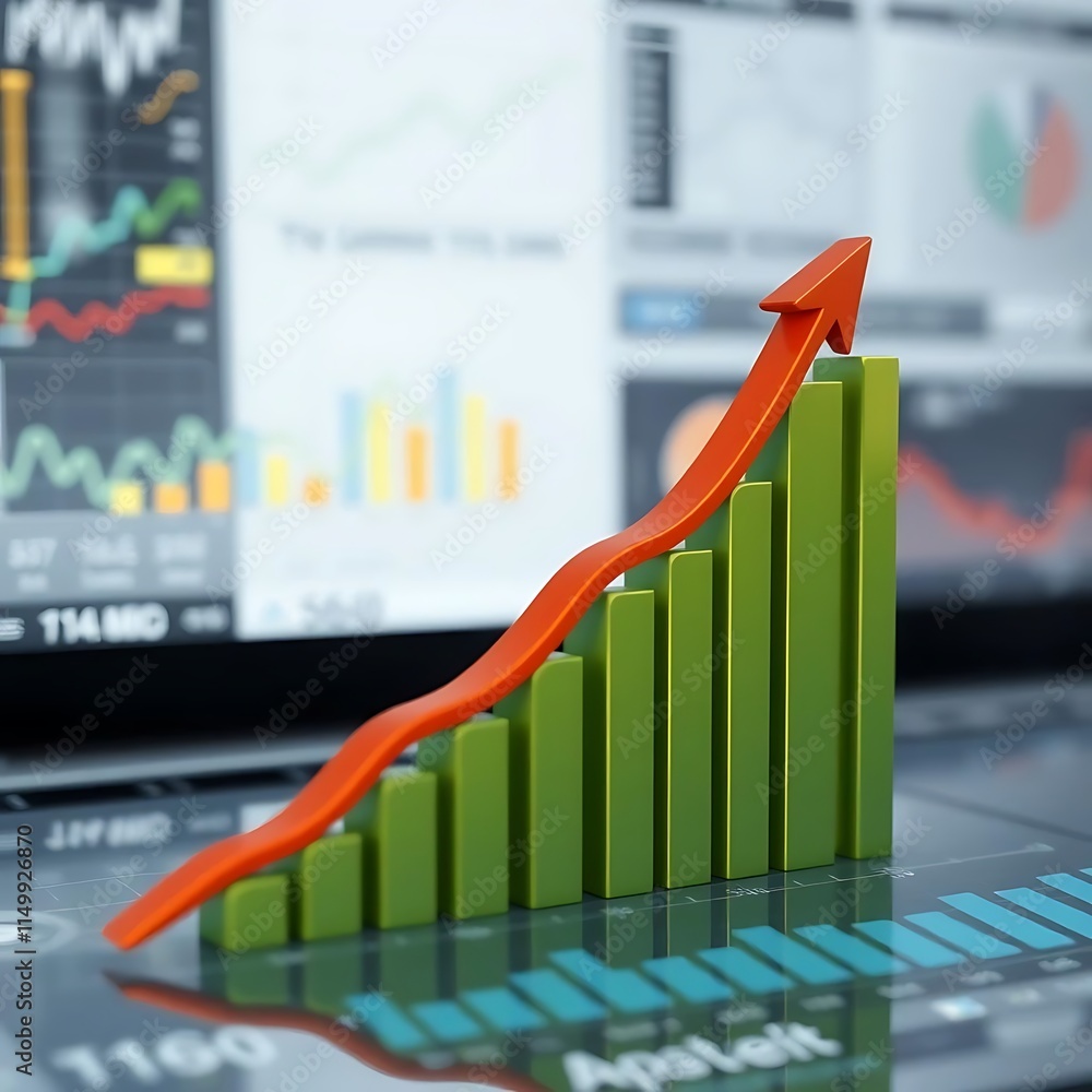 Poster a large red arrow points downwards over a gridded financial chart showing a sharp decline in value, 