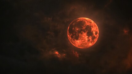 A stunning blood moon illuminates the dark sky with a reddish hue, partially obscured by moody clouds. The image captures an ethereal and mysterious atmosphere perfect for celestial or nocturnal