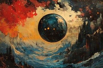 Fototapeta premium Abstract depiction of a cosmic landscape featuring a central sphere against a vivid background with swirling patterns and contrasting colors.