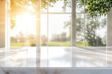 Fototapeta premium Sunlit marble table by window with green nature view.