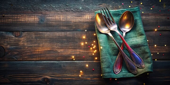 Vintage Cutlery Silhouette: Old Spoon & Fork on Linen Napkin, Dark Background, Top View