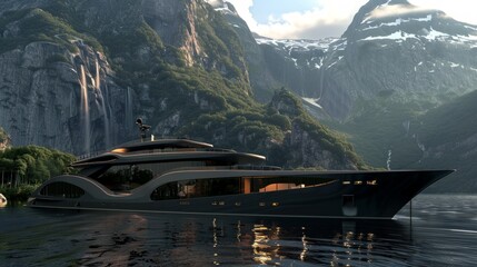 A luxury yacht with unique design, black and grey colors, and orange accents floats in a serene fjord with snow-covered mountains and a waterfall. A person enjoys the tranquil setting.
