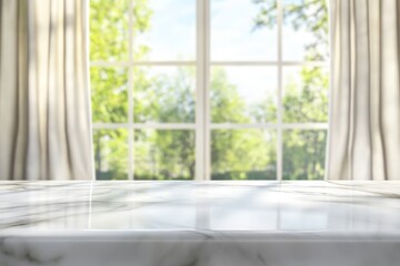 Marble countertop near window with green trees.