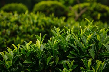 Close-up of a tea tree featuring healthy green leaves, embodying the essence of nature.