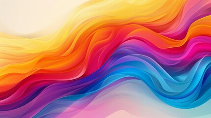 Abstract colorful background with smooth wavy lines in vibrant gradient hues of yellow, orange, red, pink, light blue, dark blue, and green. Dominated by orange and red at the top,