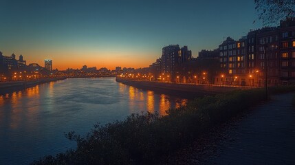 Naklejka premium Cityscape, river, sunset, lights, buildings.