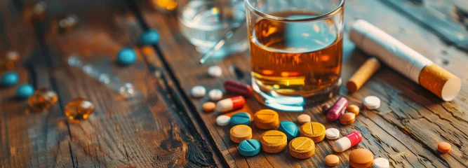 Fototapeten Image shows table with pills, smoking pipe, alcohol glass, lit cigarettes. Yellow tint enhances desolate feel, implying substance use/addiction. © COK House