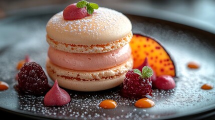 Elegant macaron dessert, fruit, powdered sugar.
