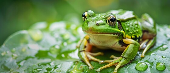 Obraz premium A serene image of a green tree frog with yellow eyes sitting on a wet leaf, surrounded by water droplets in a green backdrop.