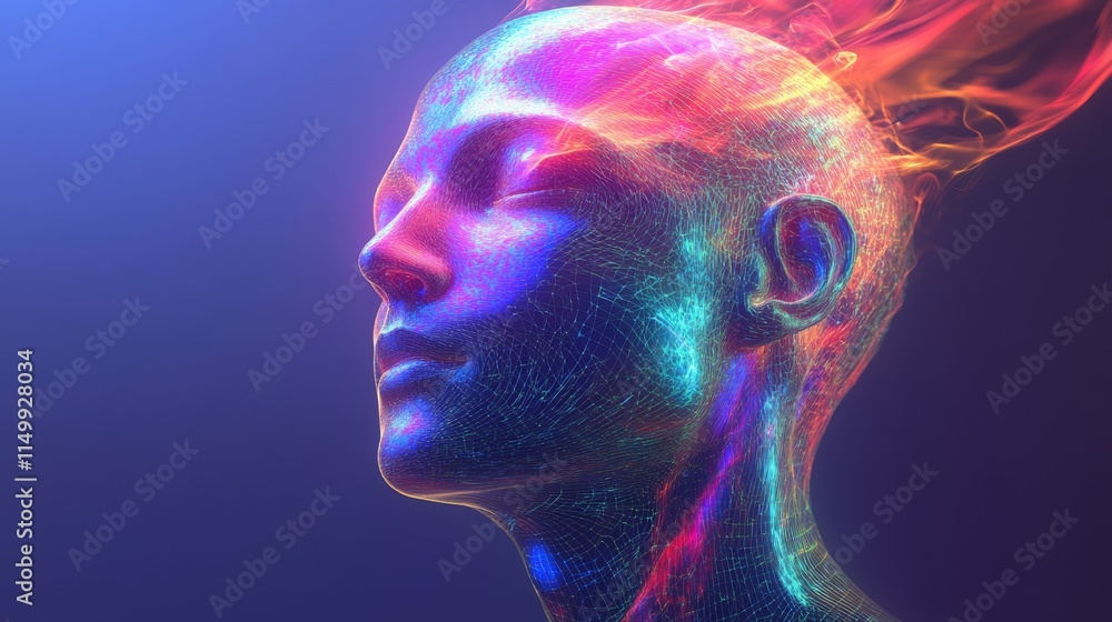 Poster a vivid and futuristic digital artwork of a human head surrounded by intricate neural patterns and a