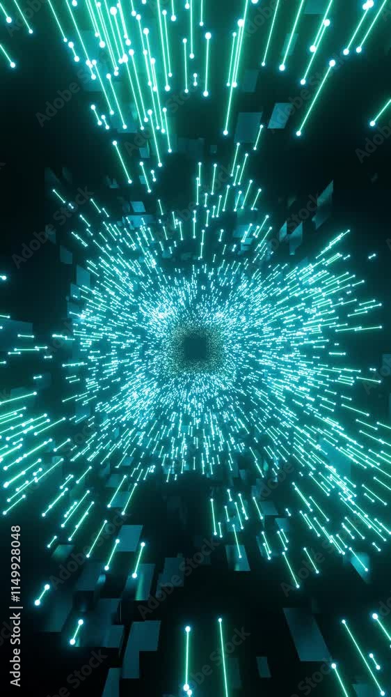 Poster glowing neon rays in motion with speed of light, 3d loop