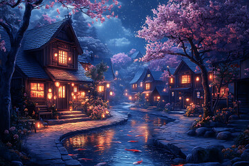 Enchanted Night Village: Serene Waterway, Cherry Blossoms, and Illuminated Houses