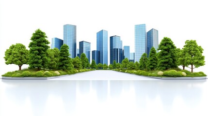 A vibrant cityscape featuring modern skyscrapers surrounded by lush greenery, symbolizing urban development and environmental sustainability.