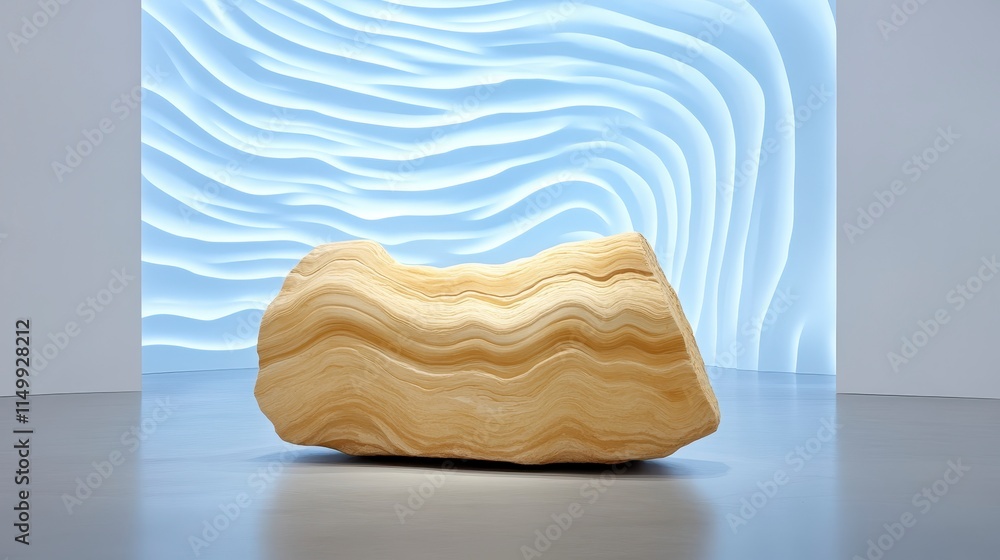 Poster an abstract object resembling a smooth, layered stone rests in front of a wavy, illuminated backdrop