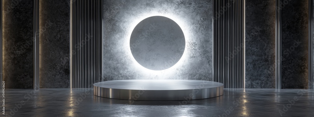 Poster illuminated circular platform in a modern, dark setting.