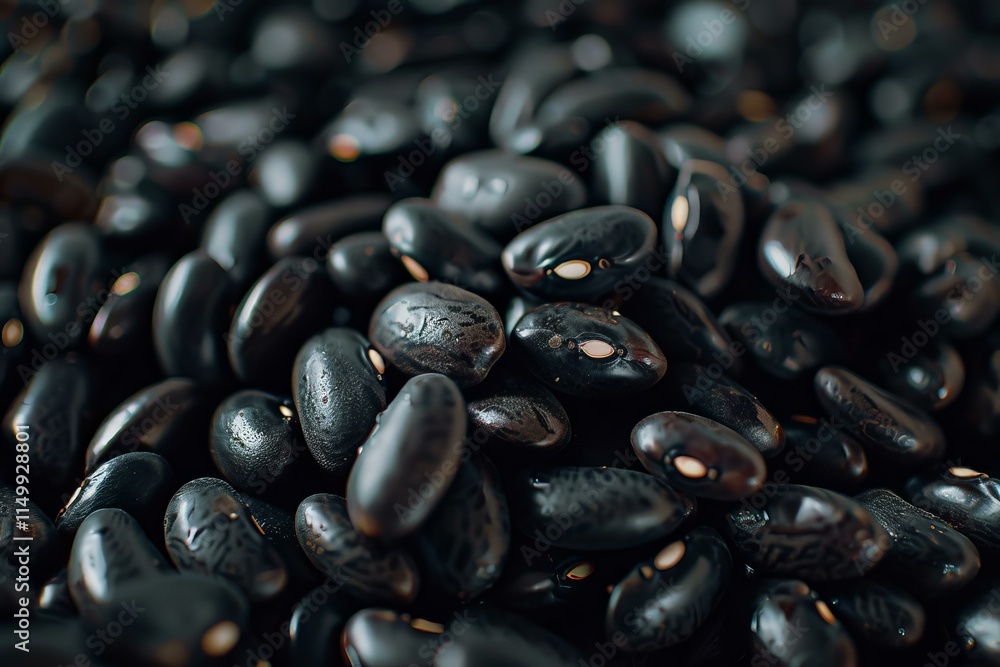 Poster black beans are captured in a close up shot, showcasing their texture and creating a visually appeal