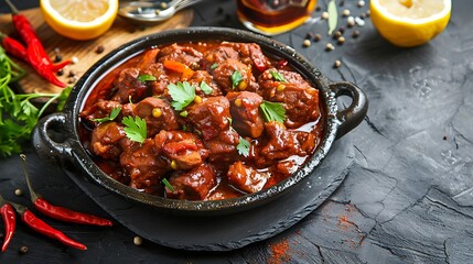 Delicious vindaloo on a black dish with the condiment lemon and a platter