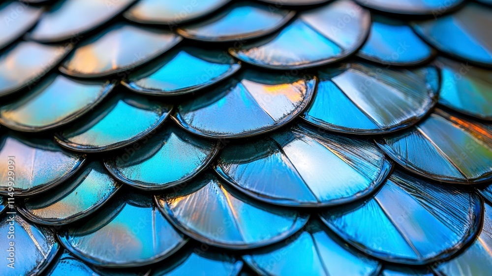 Poster a vibrant close-up of iridescent scales reflecting a spectrum of blue and green hues, creating a mes
