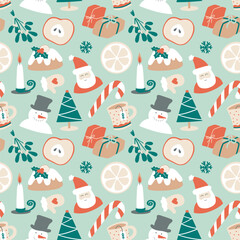 Christmas Collection Seamless Pattern. Collection of Festive Elements Santa, Hat, Christmas Tree, Gift, Candle, Tea, Mistletoe, Snowman, Panettone.