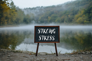 Strong stress message on chalkboard in front of a lake