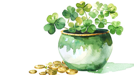 Pot of Gold and Clovers, Saint Patrick's Day Illustration with Watercolor on Isolated White Background, Generative Ai