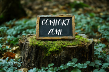 Comfort zone message written on mini chalkboard in a forest. Conceptual comfort zone symbol. Copy space.