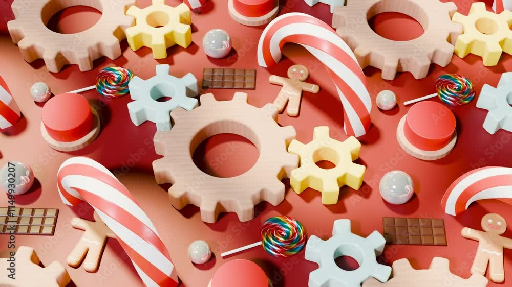 Fototapete 3d rendering of gear mechanism in seamless loop with various dessert