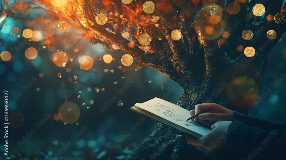 Poster a tree adorned with sparkling coin leaves, set in a dreamlike environment, with a person sketching i