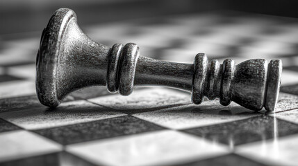 Close-up of a fallen king piece on a chessboard, symbolizing defeat and strategic loss. Perfect for themes of challenge, perseverance, and learning from setbacks