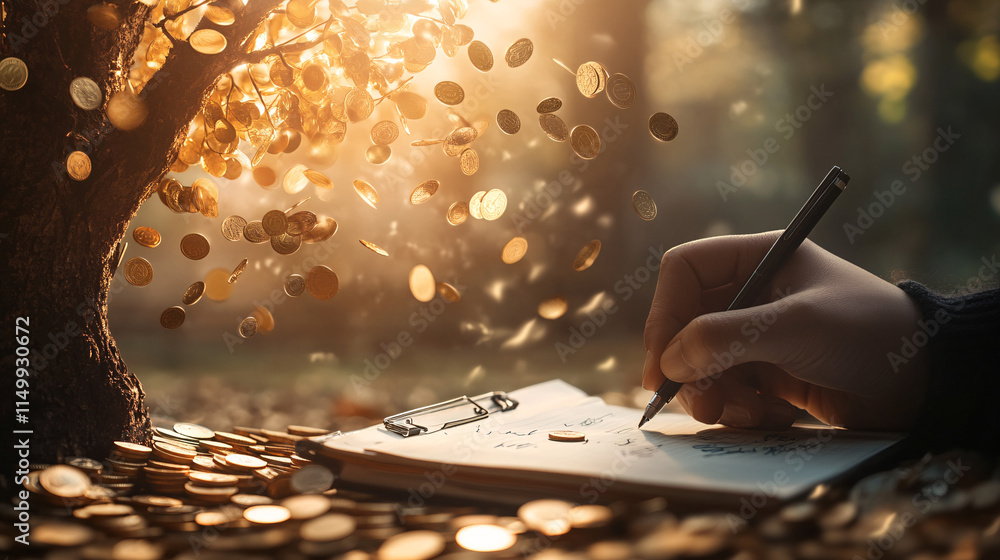 Poster a tree adorned with sparkling coin leaves, set in a dreamlike environment, with a person sketching i