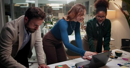 Business people, discussion and night with laptop for deadline, schedule planning or project brainstorming. Group, employees or team working late with tablet for creative development at office desk