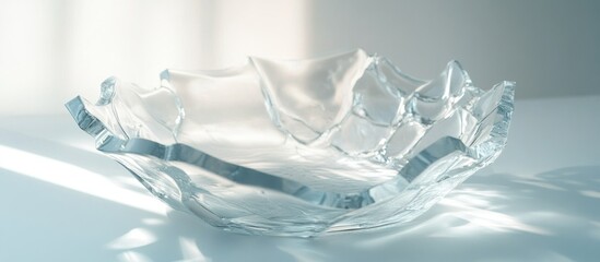 Obraz premium Clear glass bowl with unique shape on a white background.